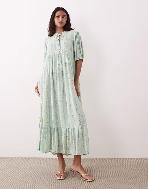 YAS Festival boho style puff sleeve maxi dress with button front detail in soft green floral stripes