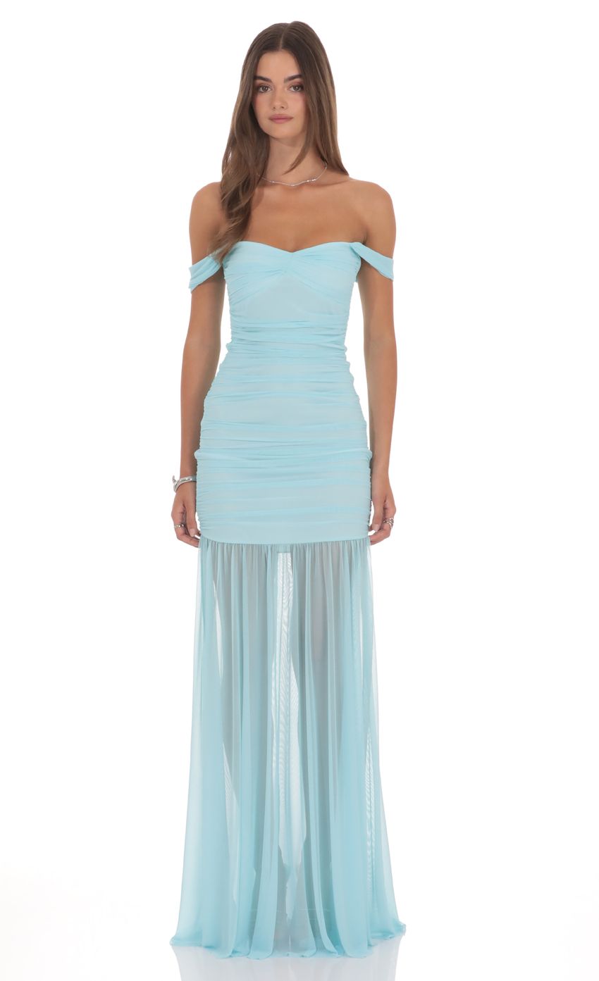 Mesh Off Shoulder Ruched Maxi Dress in Blue