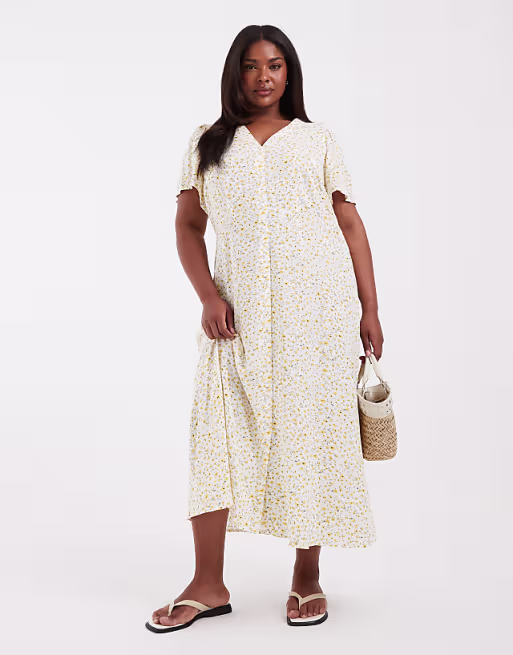 Vero Moda Curve button down maxi dress in white and yellow ditsy floral print