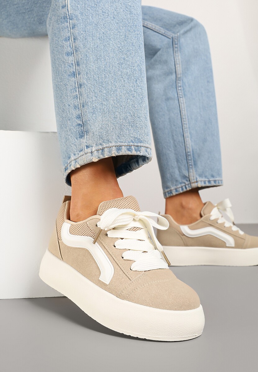 Ciemnobeżowe Sneakersy na Platformie z Geometrycznym Wzorem Kornelna