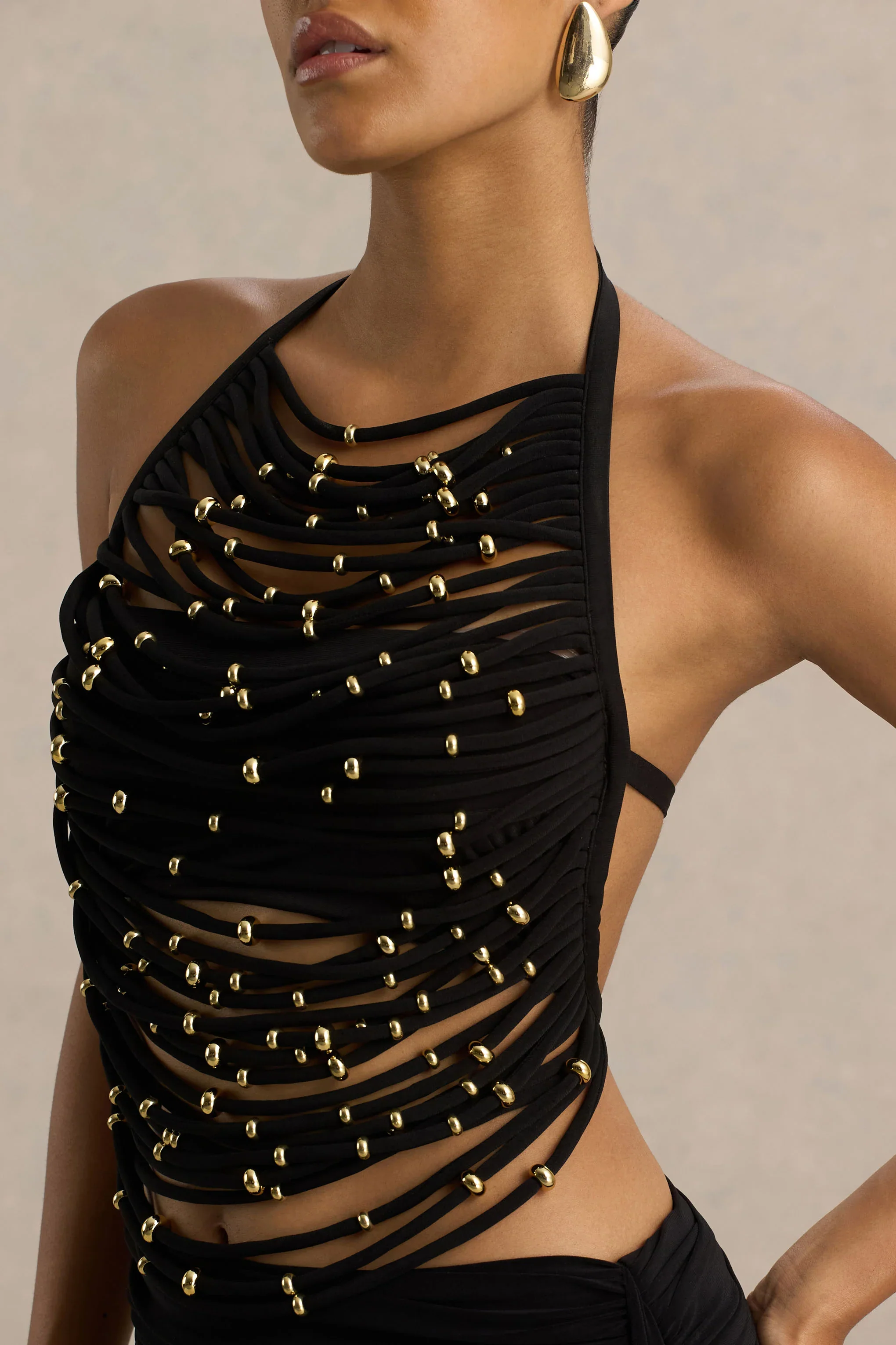 Twinkler | Black High-Neck Embellished Top With Cut-Outs