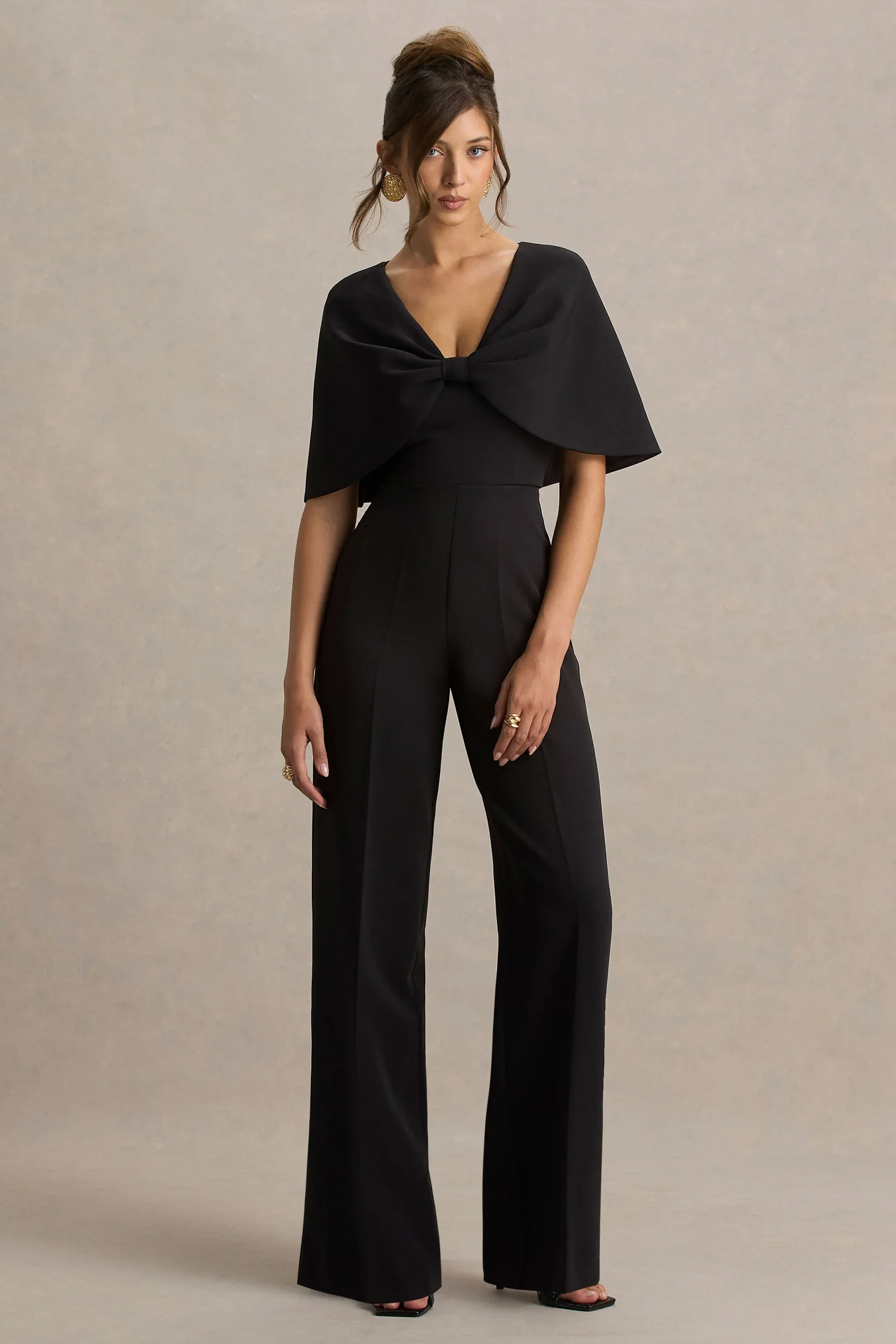 Vivid | Black Plunge-Neck Jumpsuit With Bow-Detail