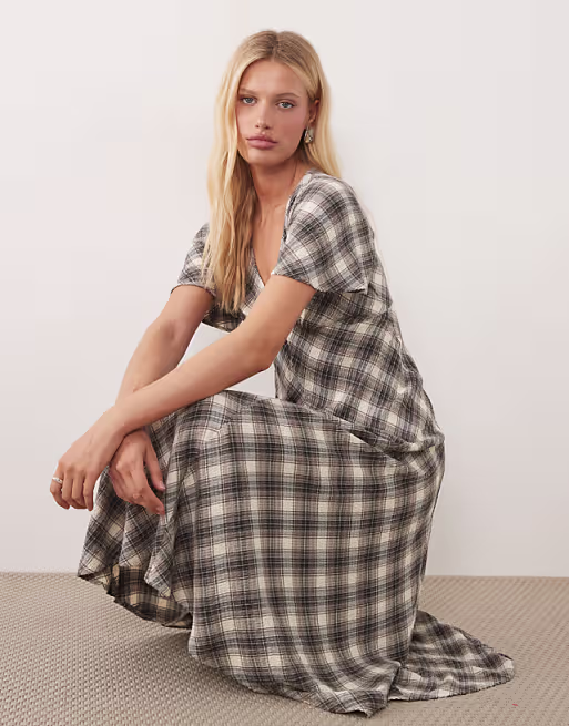 Nobody's Child Rowena v neck flutter sleeve brushed midi dress in brown plaid
