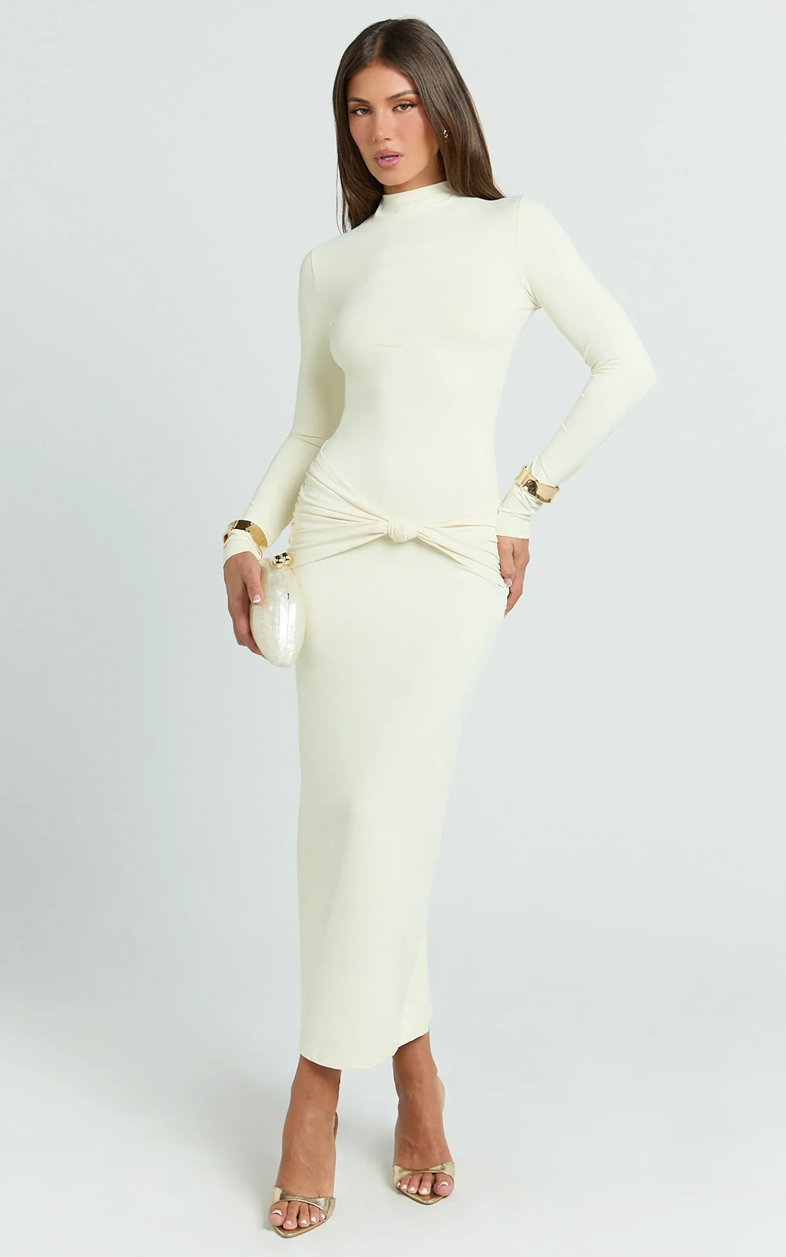 Amelita Midi Dress - Long Sleeve Knot Detail Dress in Cream