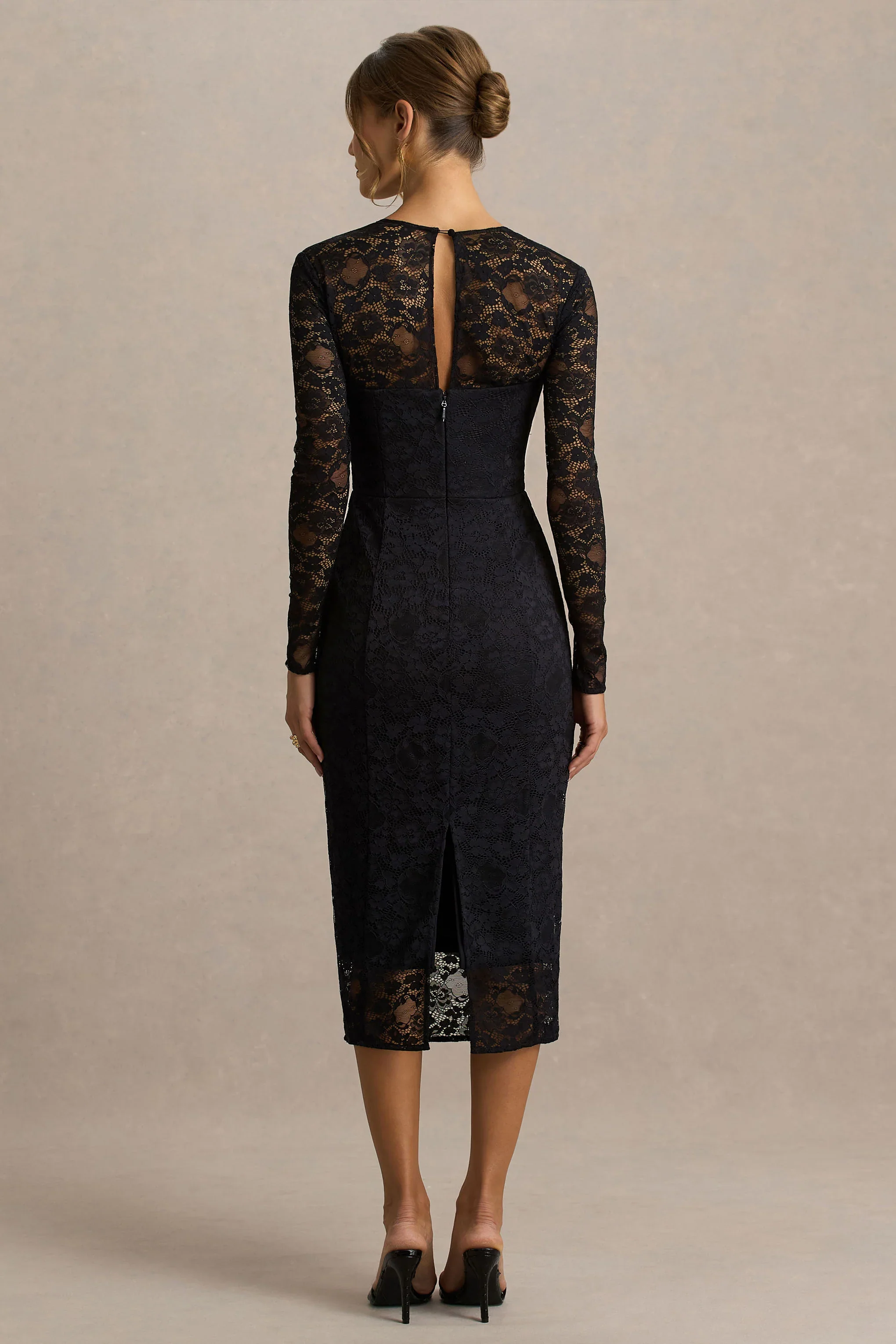 Alissa | Black Lace Square-Neck Midi Dress