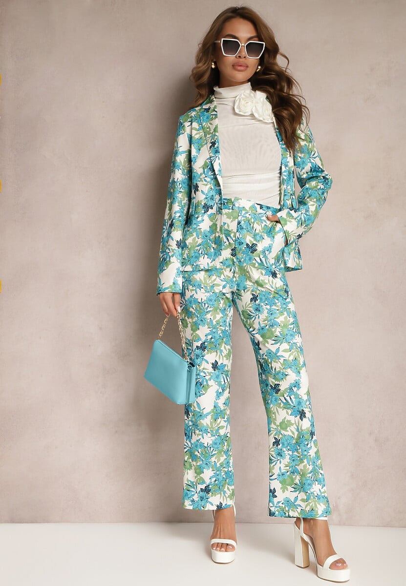Niebiesko-Białe Spodnie w Kwiatowy Print High Waist z Szeroką Nogawką Lastaria