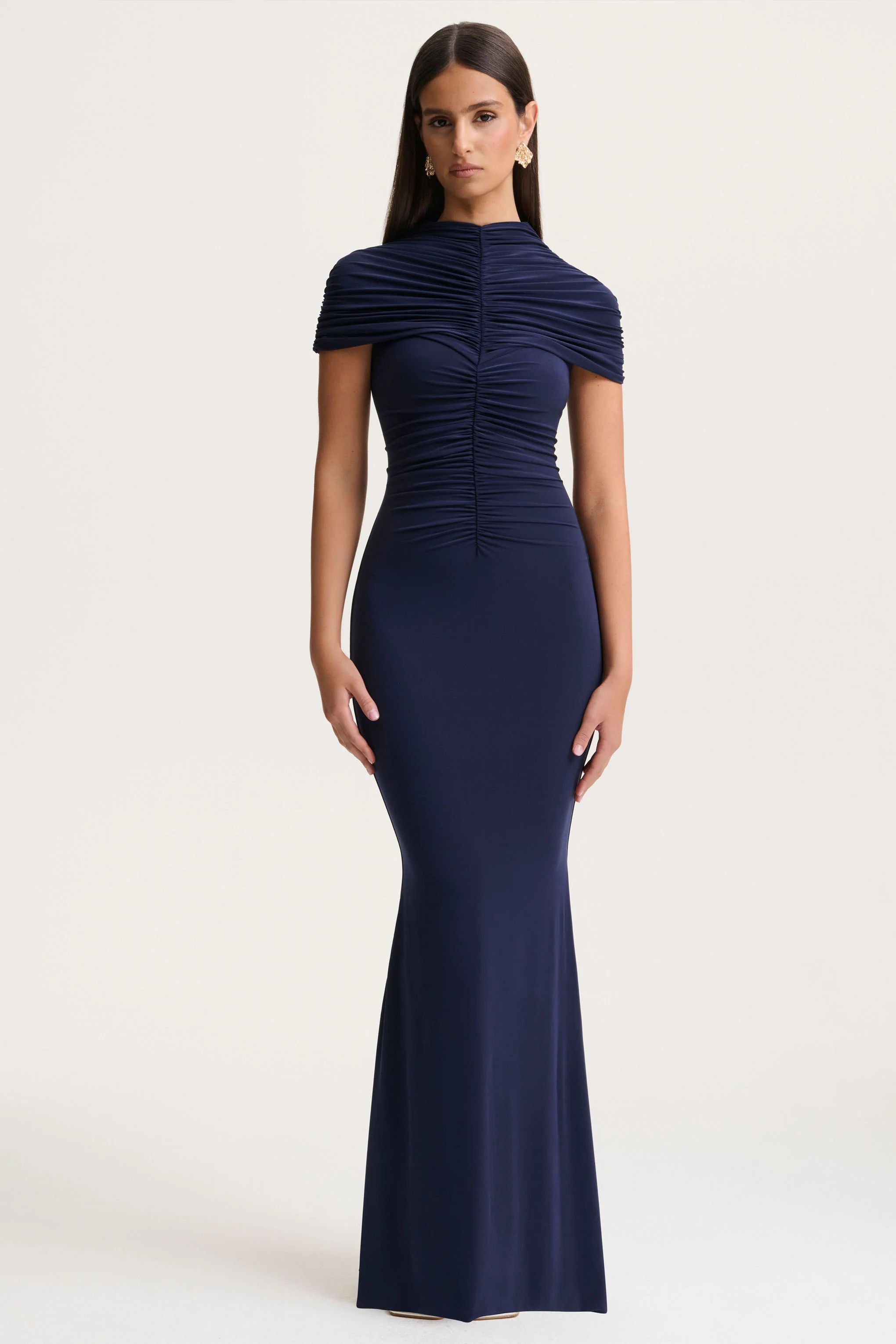 Azaria | Navy High-Neck Maxi Dress With Ruched Detailing