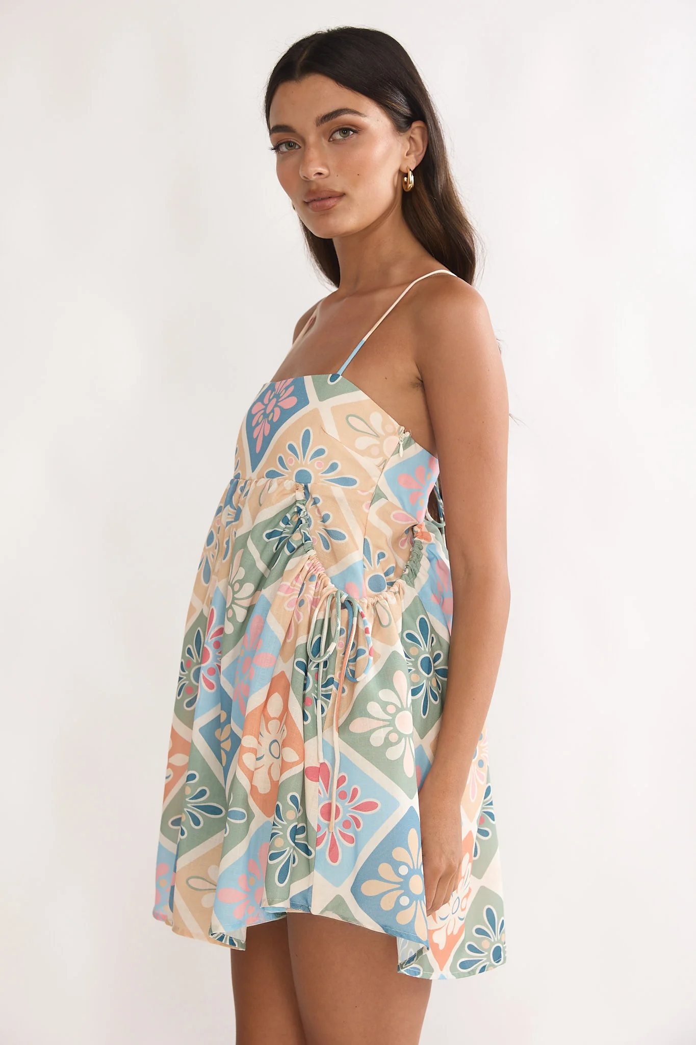 Terenza Tied Back Baby Doll Mini Dress Green Multi - luluinthesky