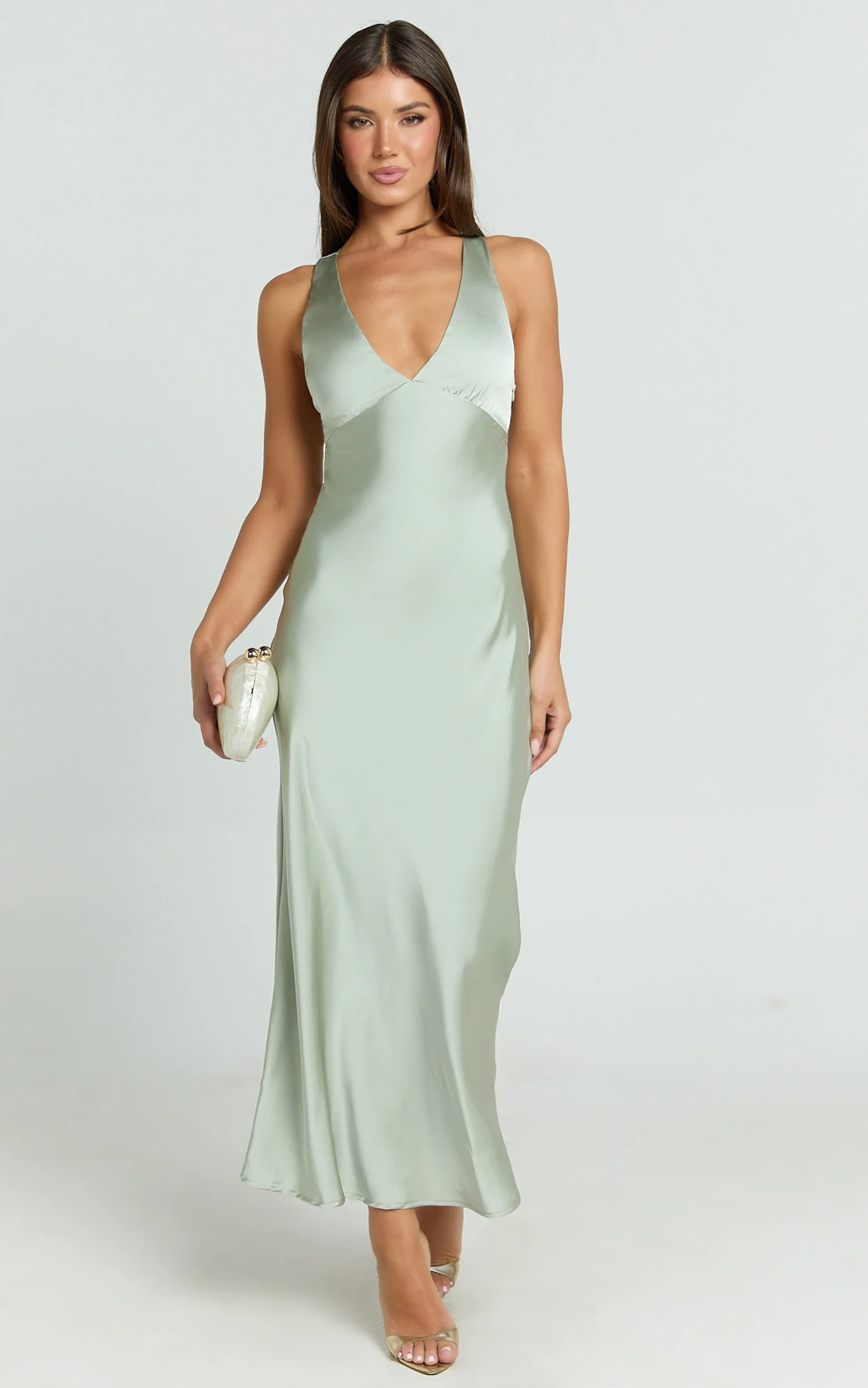 Khalani Midi Dress - Deep V Neck Satin Slip Dress in Sage