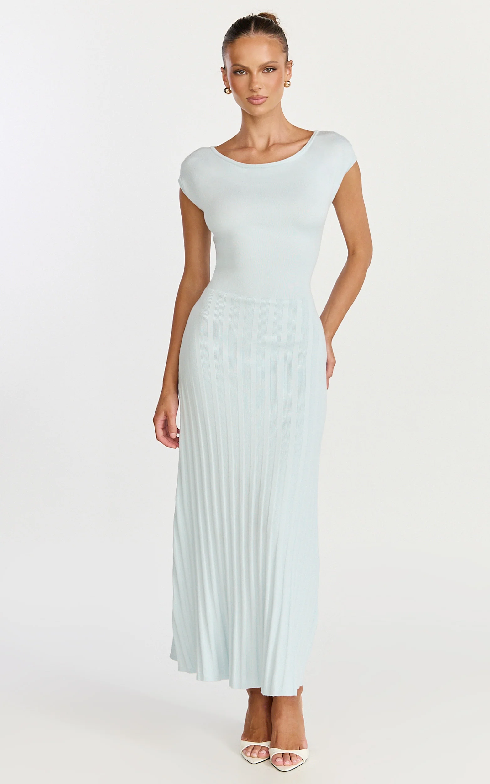 Jadey Midi Dress - Cap Sleeve Pleated Dress in Pale Blue