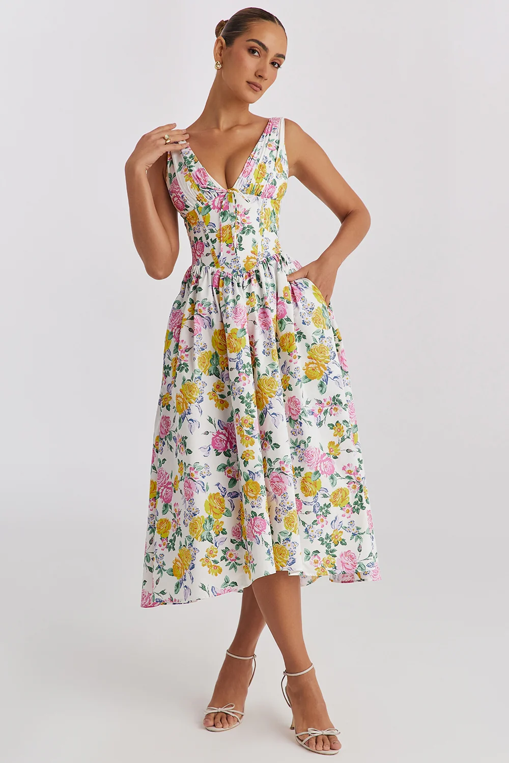 white vintage rose print cotton corset sundress