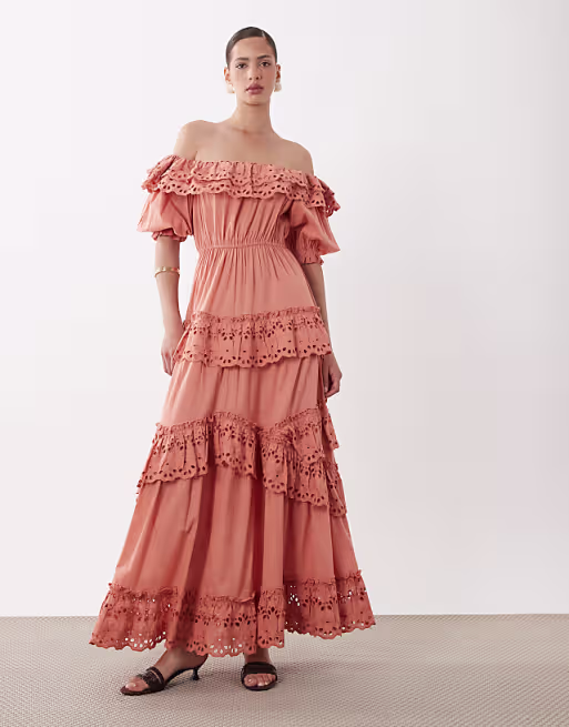 bardot maxi dress with floral broderie in peach