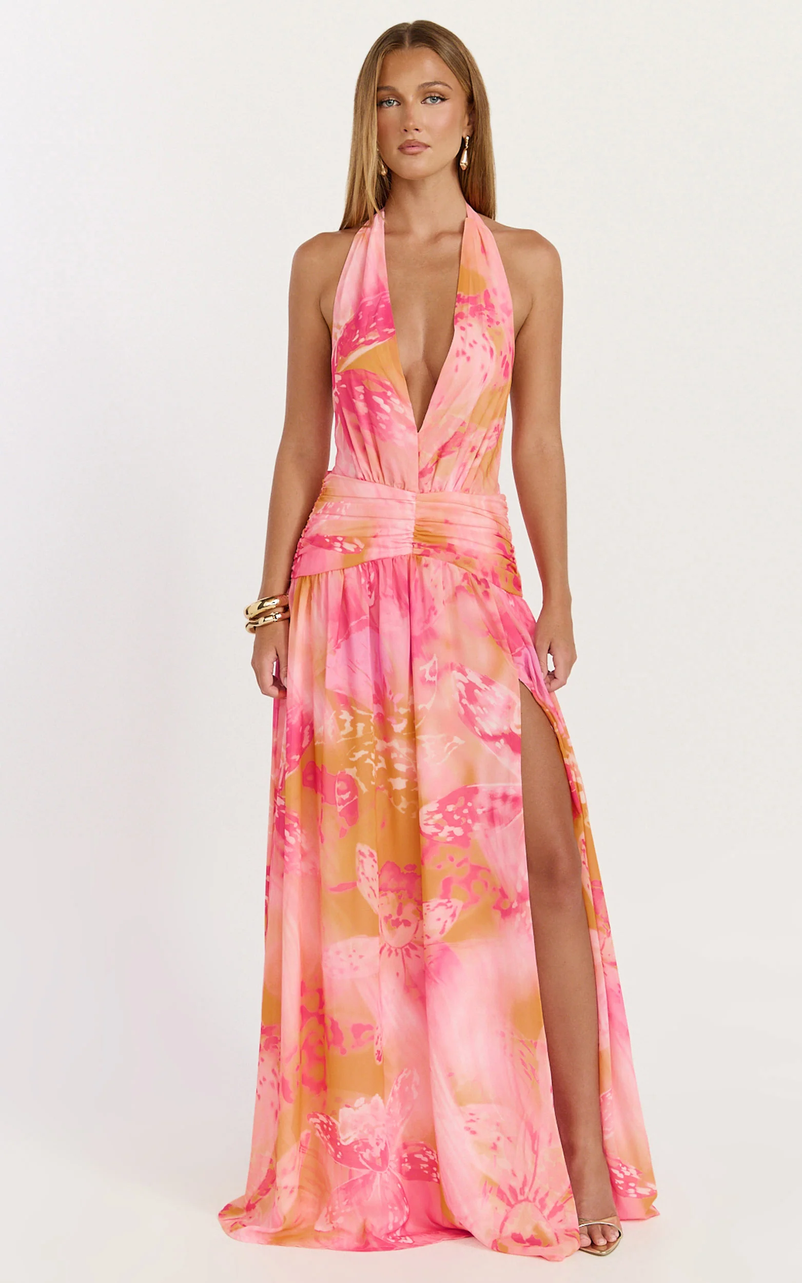 Nova Maxi Dress - Plunge Neckline Backless Georgette Dress in Hot House Orchid Print