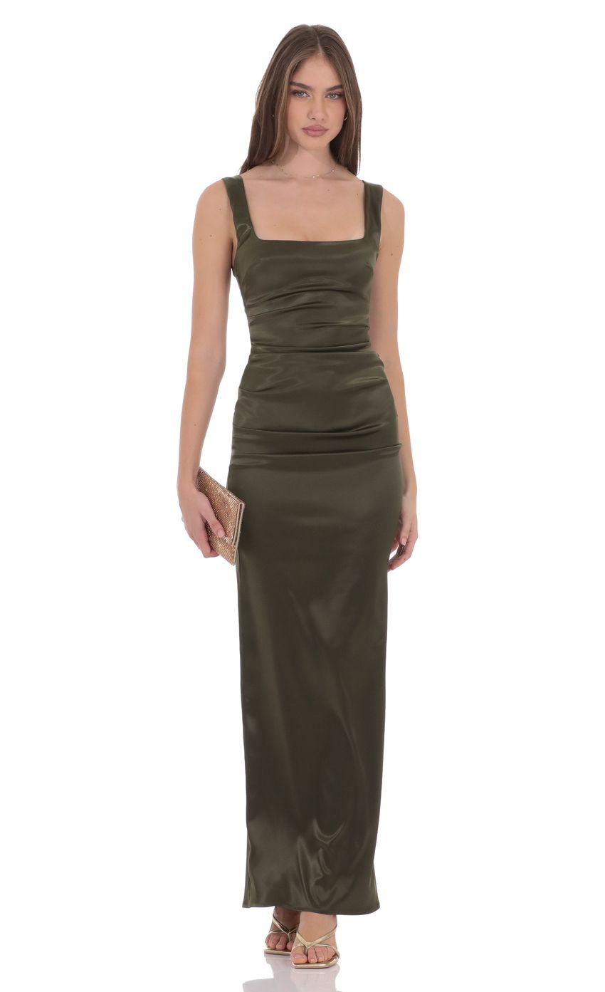 Satin Bodycon Maxi Dress in Olive Green