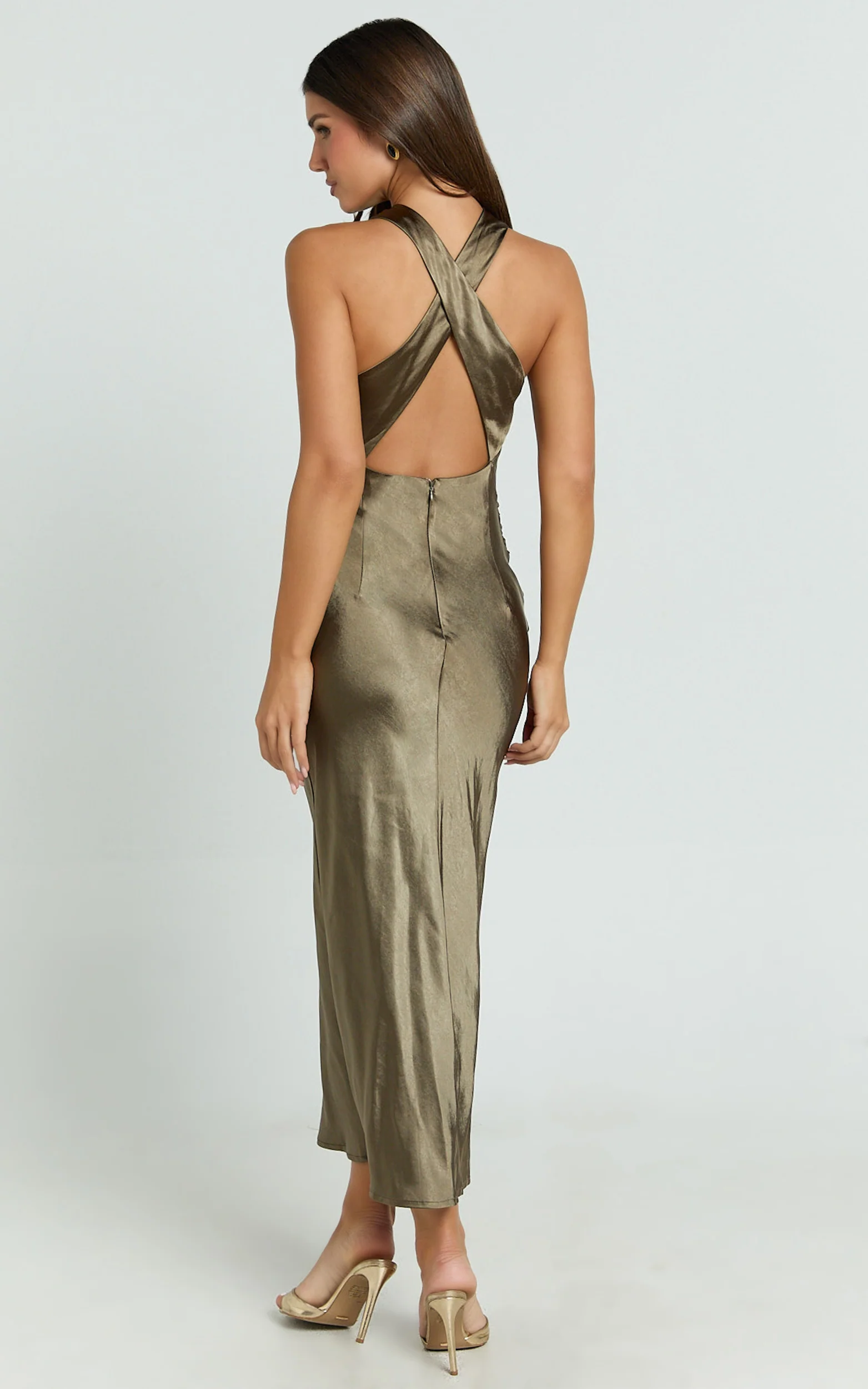 Aluna Midi Dress - High Neck Cross Back Satin Slip Dress in Olive