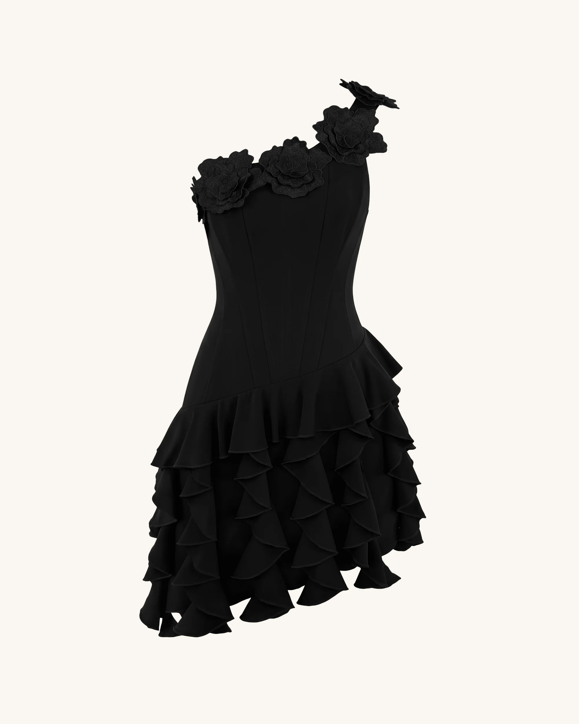 Flower Embroidered One-Shoulder Corset Mini Dress - Black