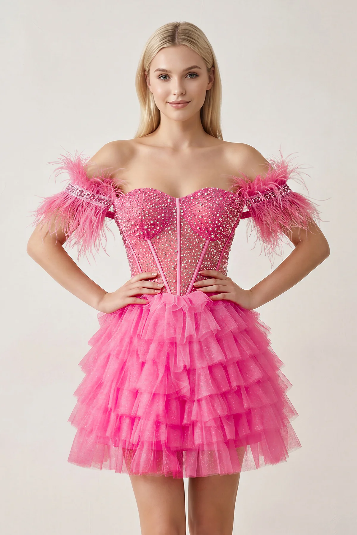 A Line Off the Shoulder Beaded Homecoming Dress with Feathers