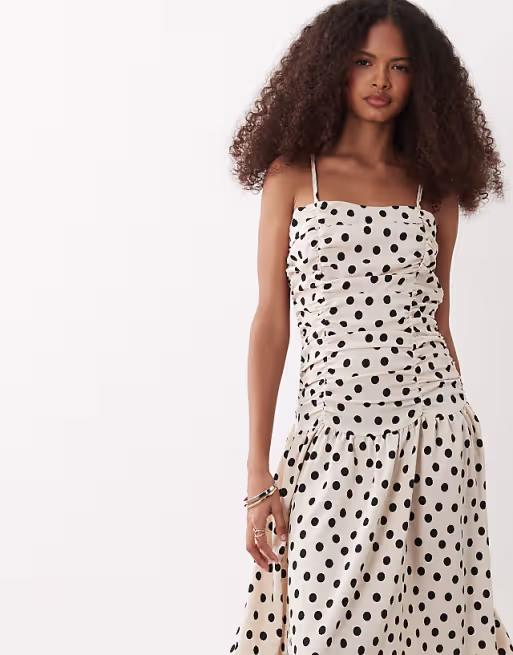 Brave Soul strappy polka dot midi dress with drop waist in cream