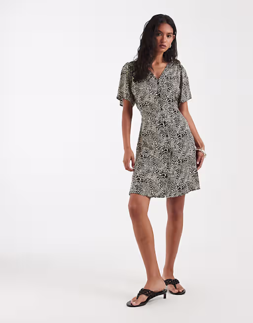 ONLY v neck tie waist mini dress in leo print