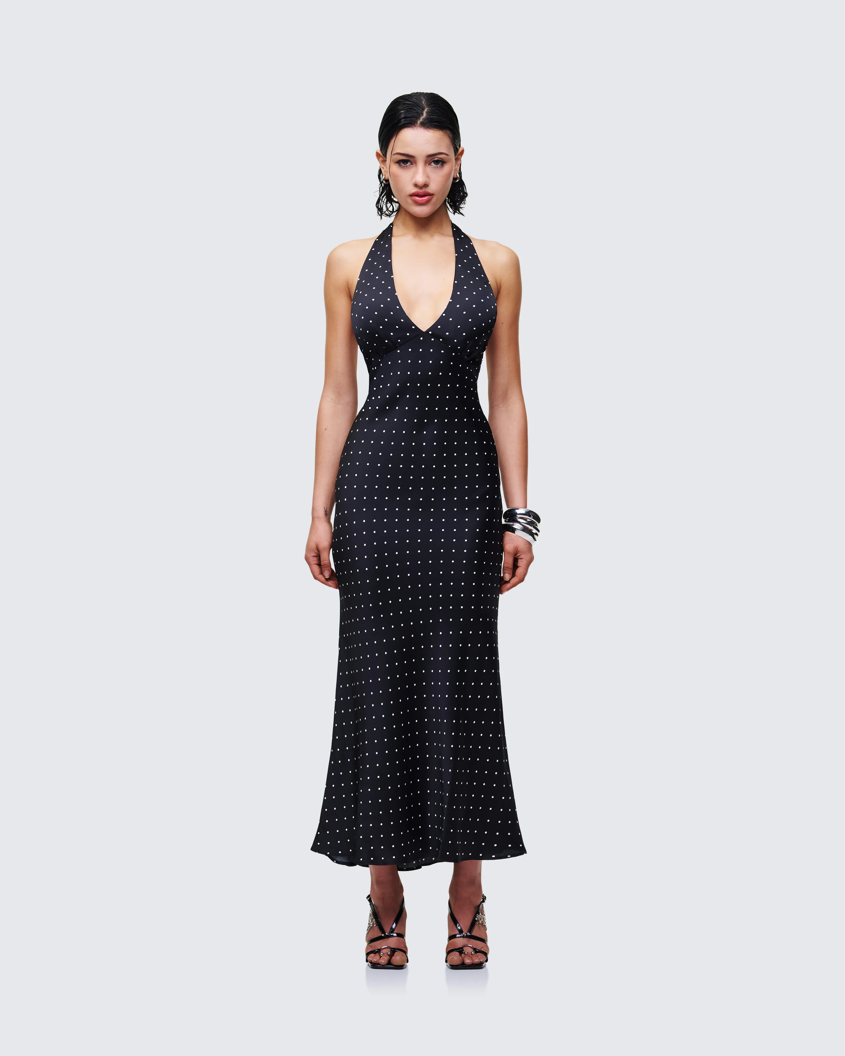 Anka Black Pin Spot Midi Dress