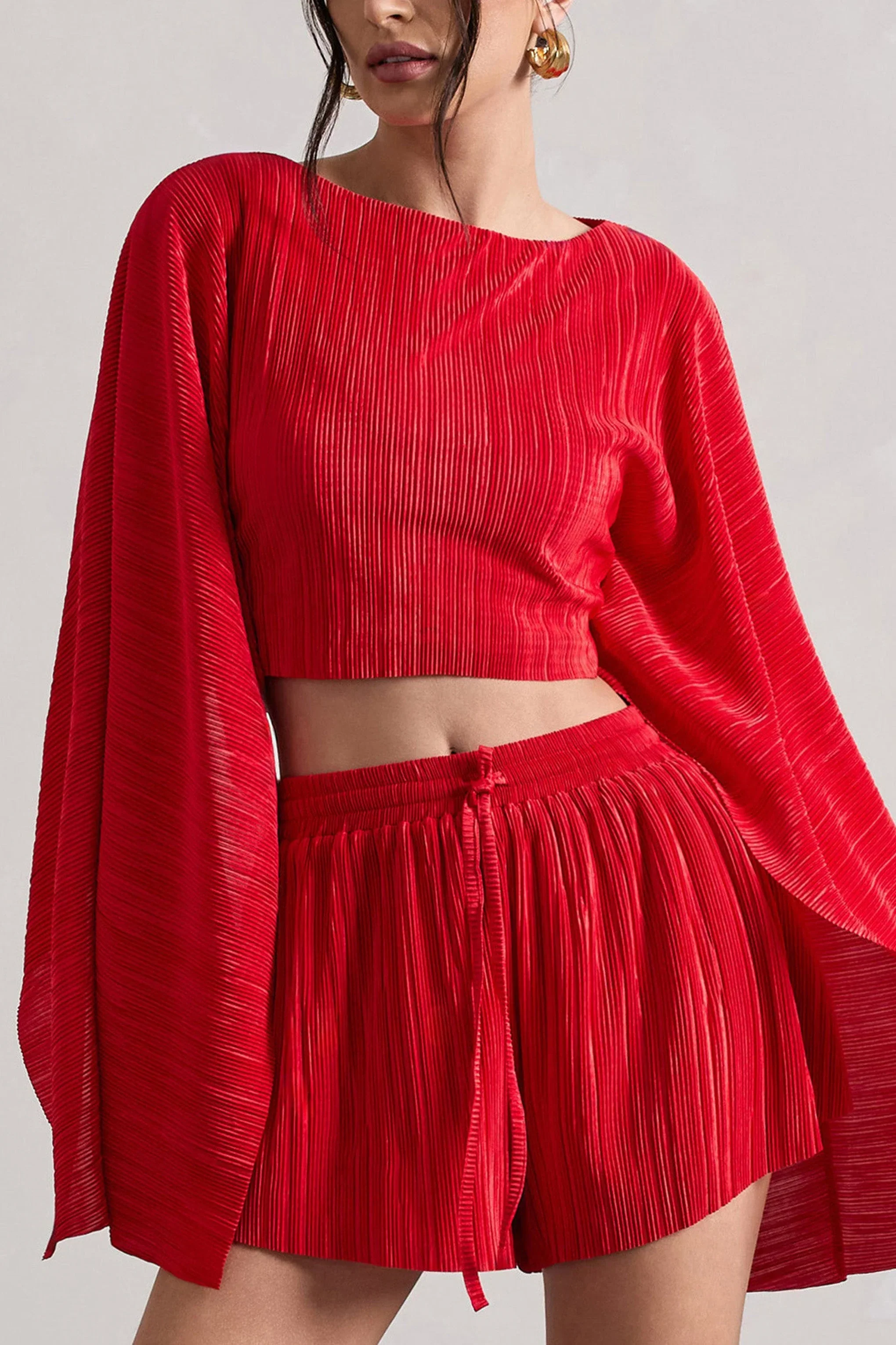 Flare | Red Plisse Cape Sleeve Crop Top