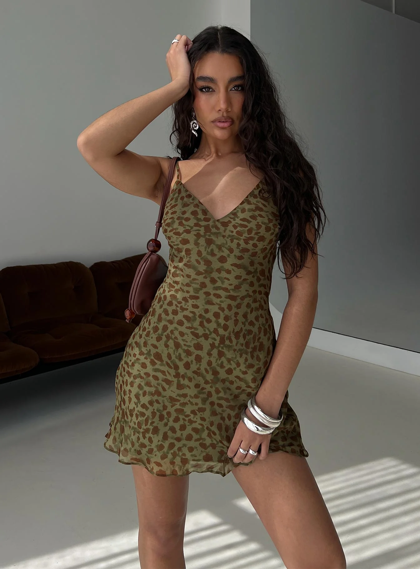 Ailyn V-neck Mini Dress Green Leopard