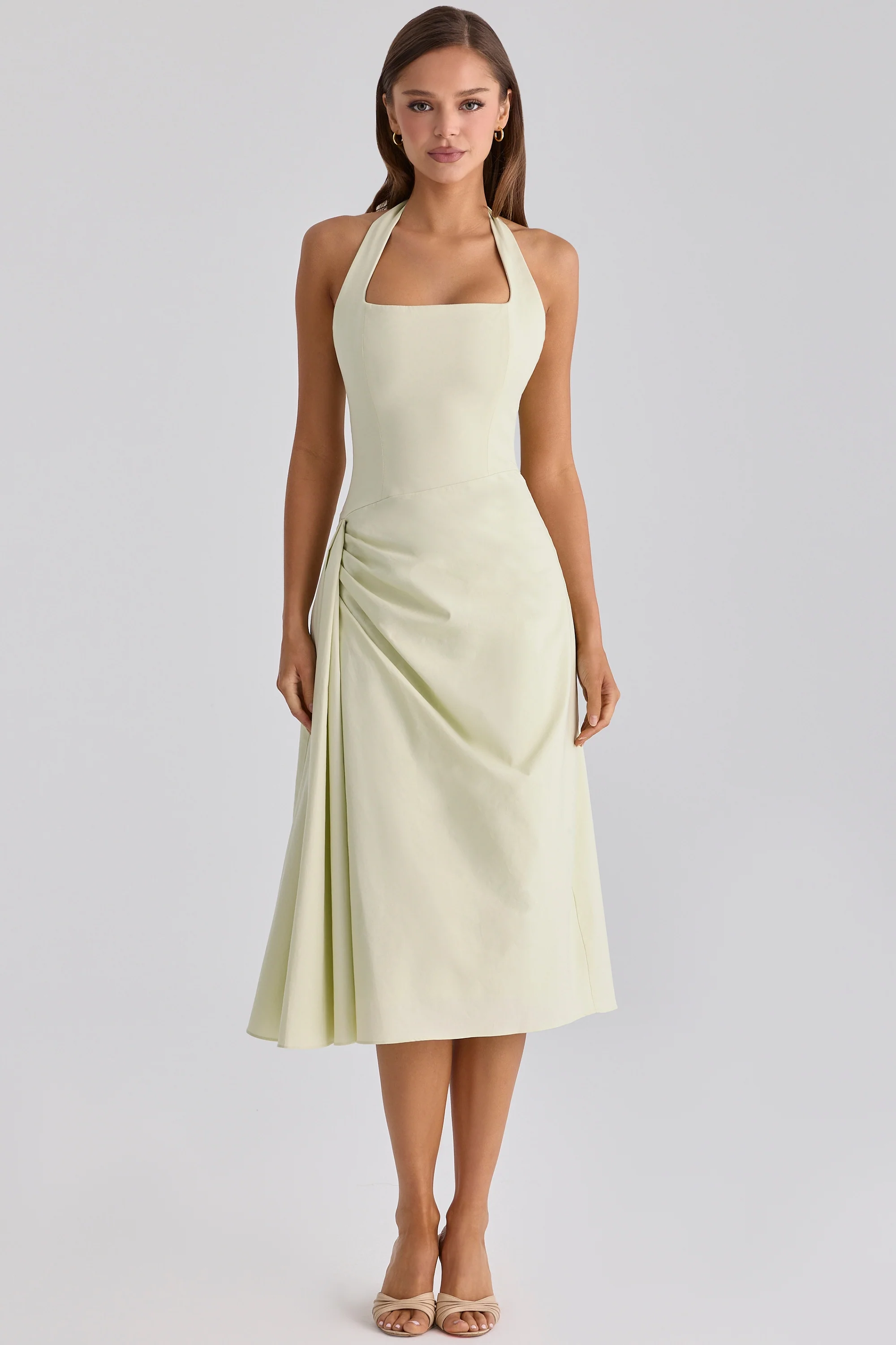 Matcha Green Cotton Halter Neck Midi Dress