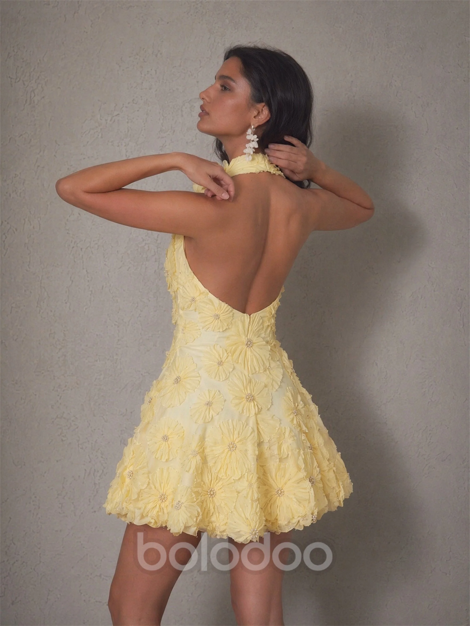 BOLODOO Lemon Yellow 3D Floral Applique Halter High Neck A-Line Mini Dress with Open Back and Scalloped Hem