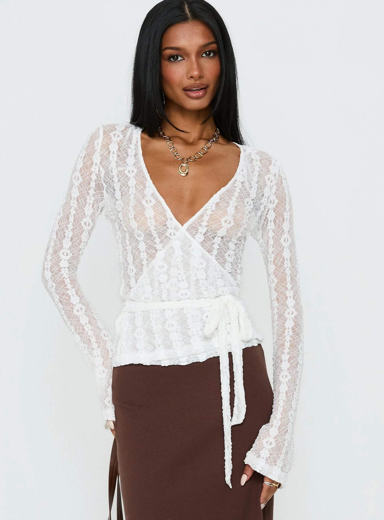 Melara Lace Long Sleeve Wrap Top White