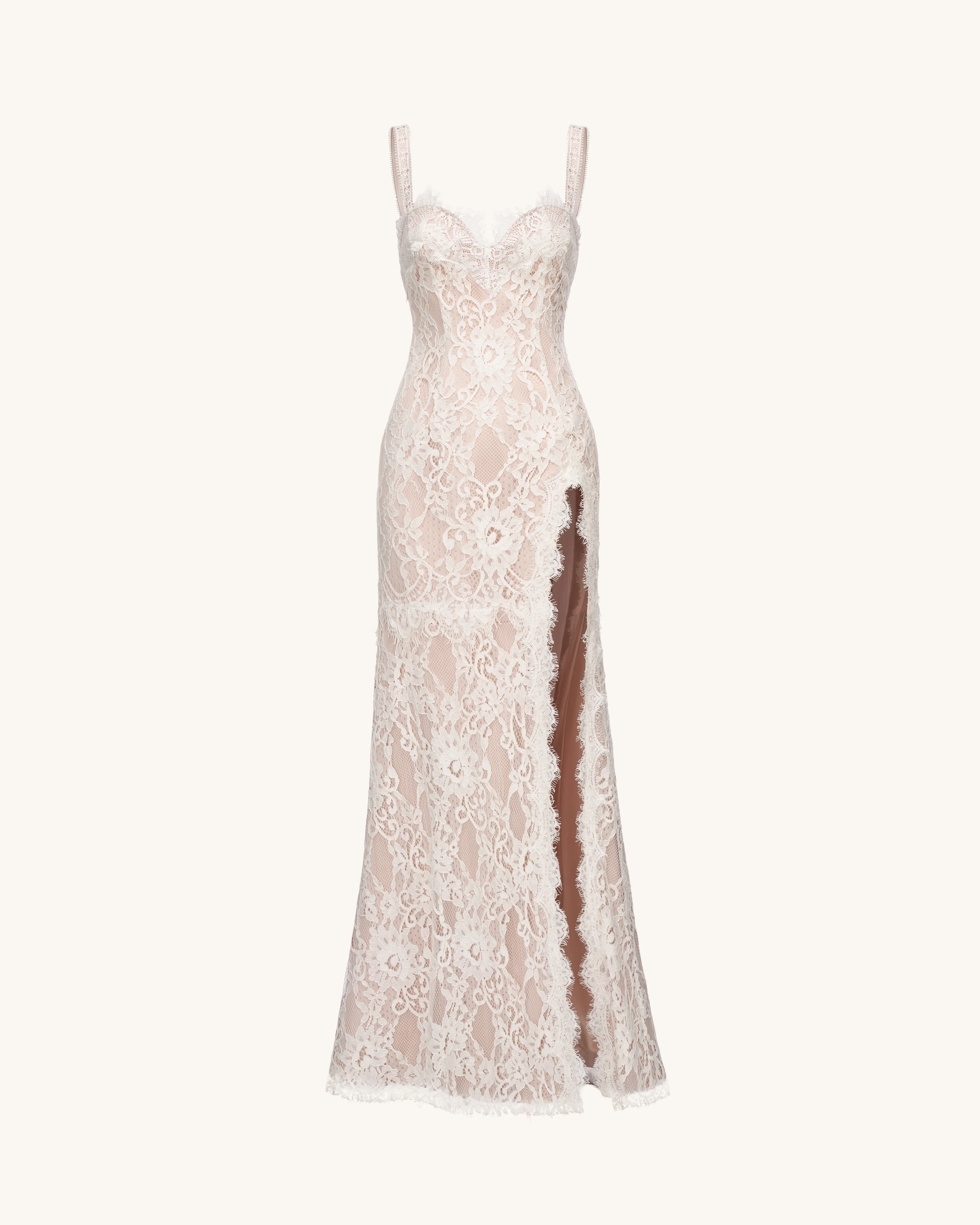 Lace Slit Maxi Dress - White - FASHION NOB