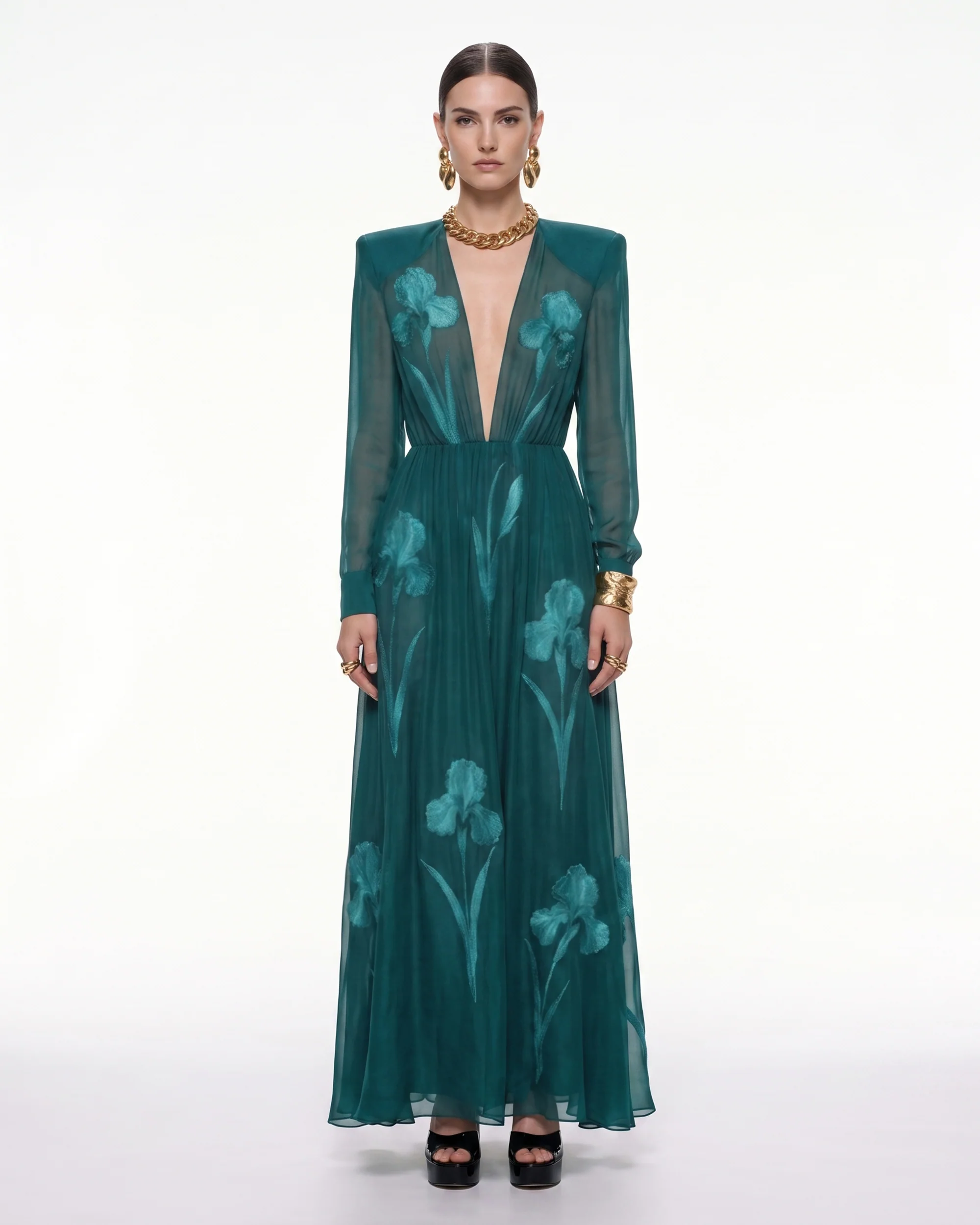Iris Floral Print Long-Sleeve Sheer Gown - Peacock Green