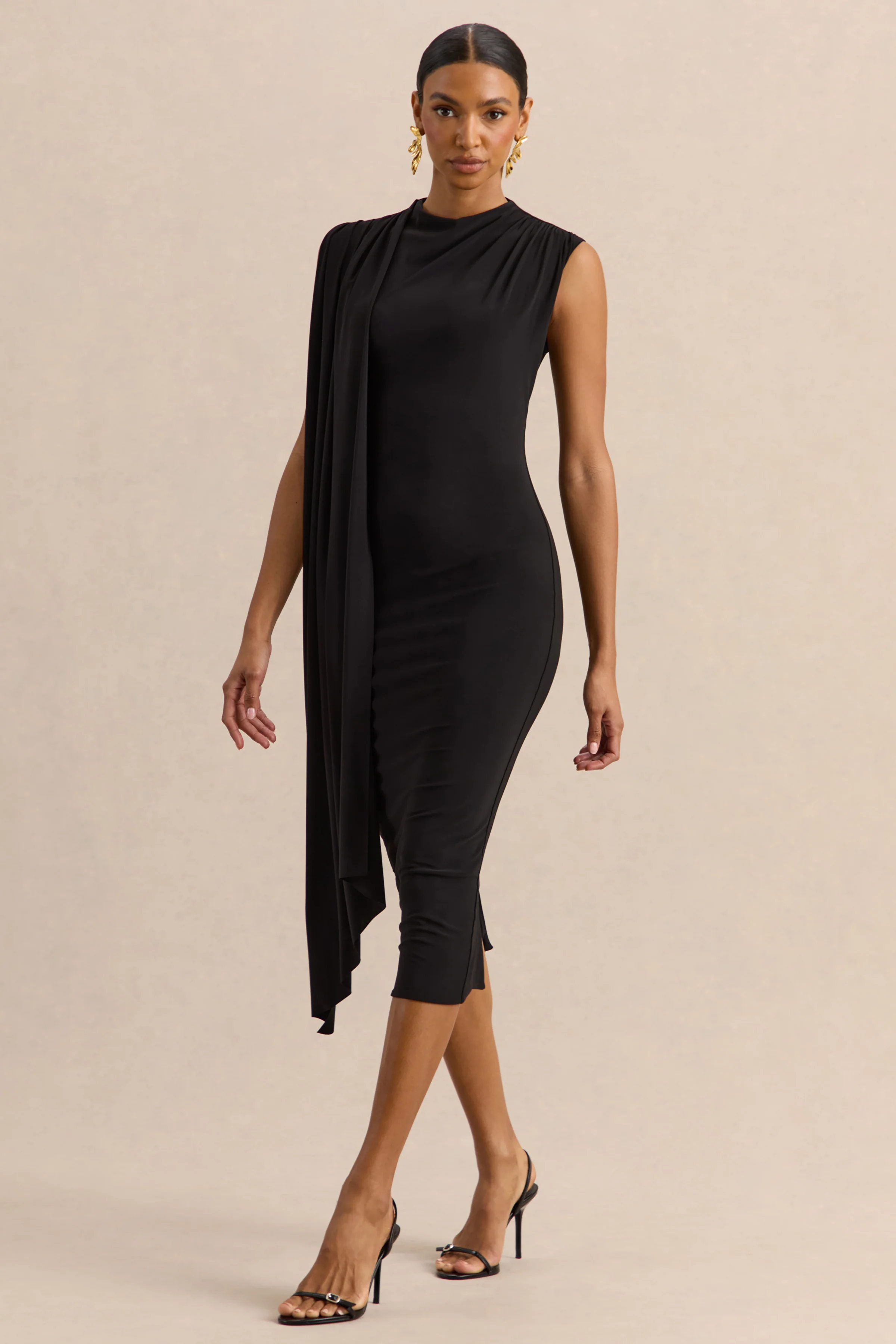 Oleandra | Black High-Neck Midi-Dress With Draped-Detail