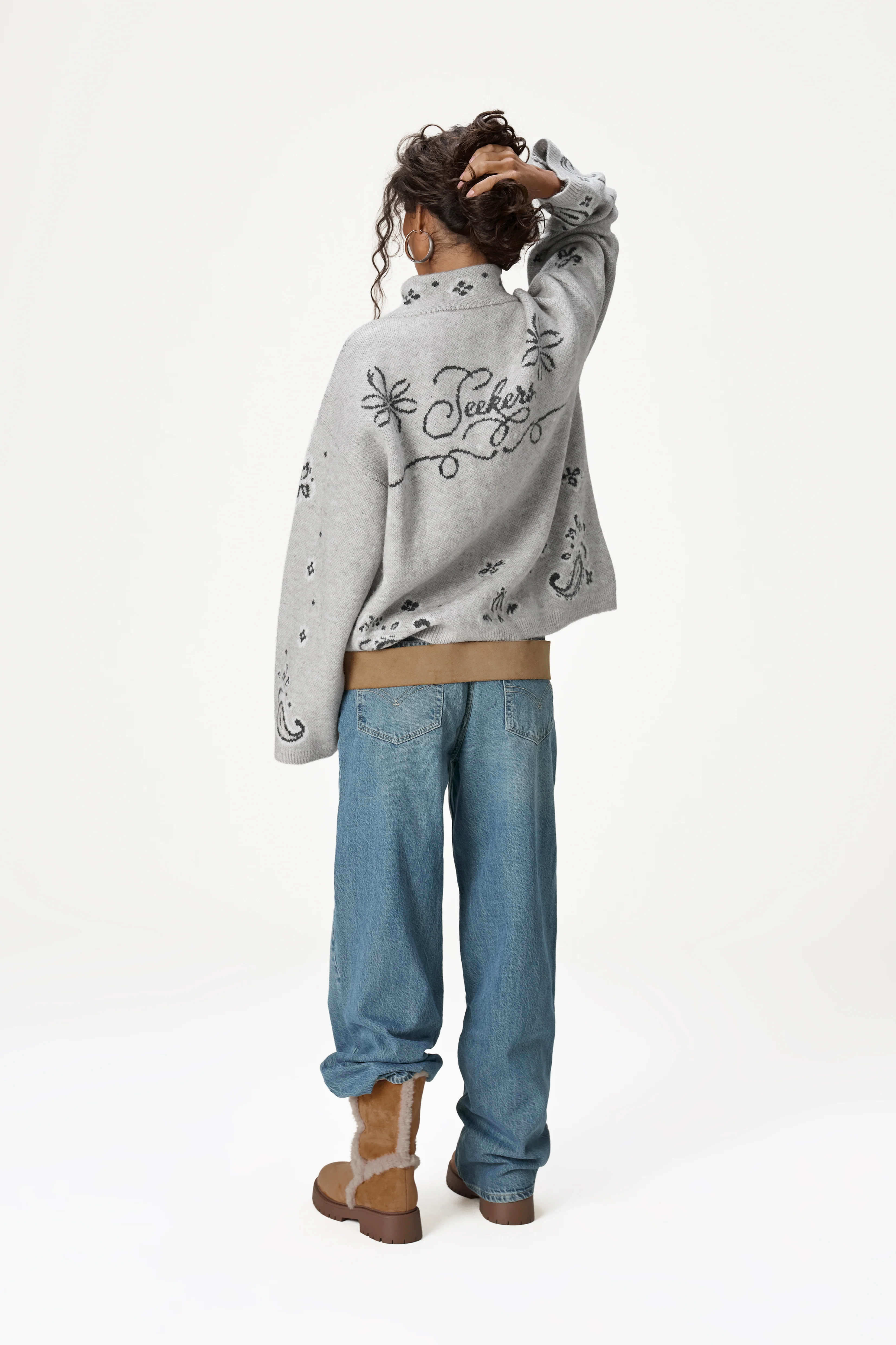 Buffy Paisley Knit Zip Up in Light Grey