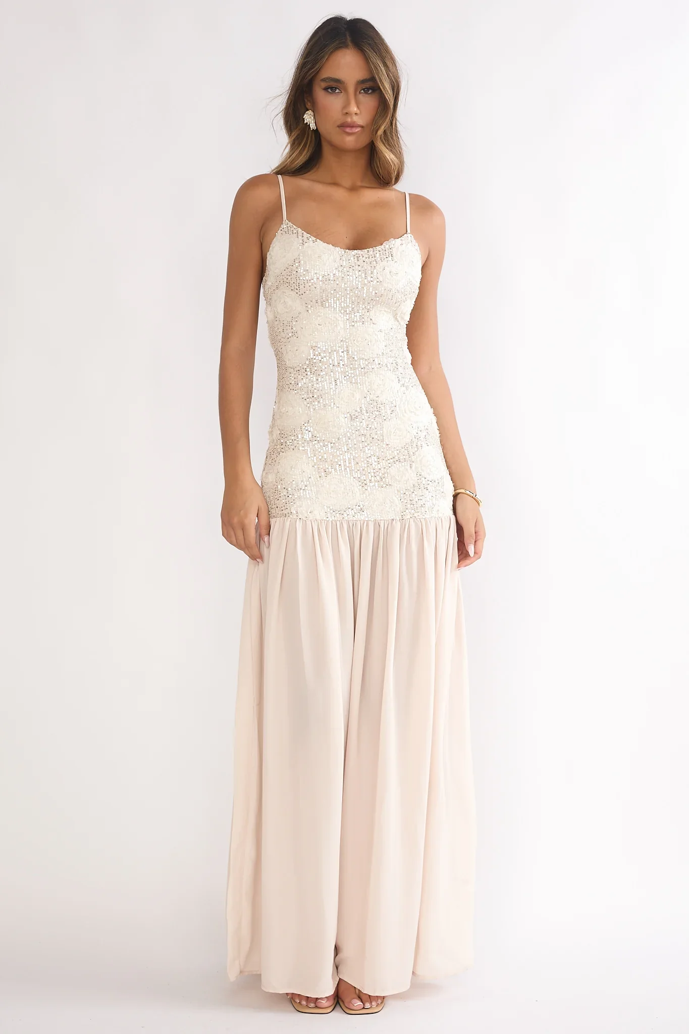 Opheliane Drop Waist Sequin Maxi Dress Champagne - luluinthesky
