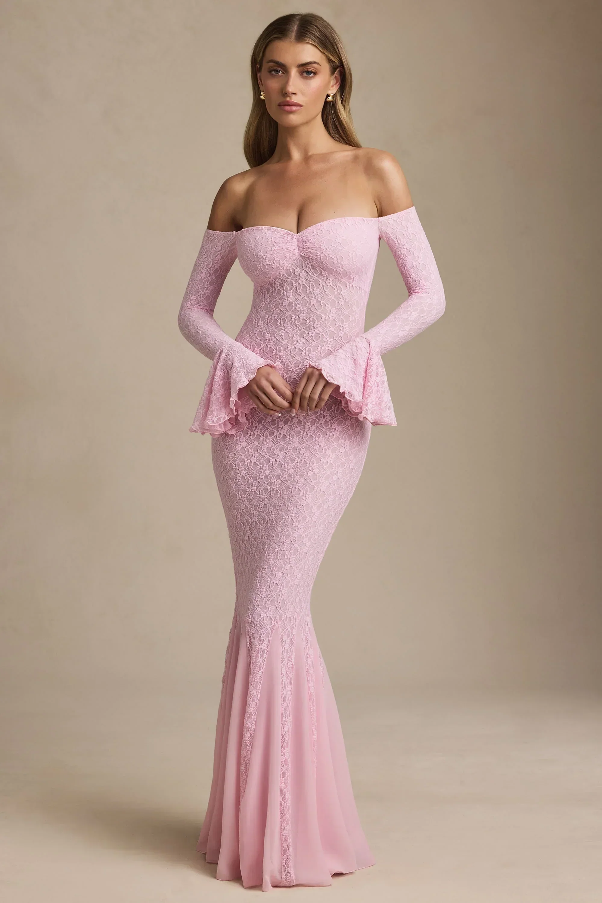 Off-Shoulder Ruffle Lace Maxi Dress in Soft Pink - luluinthesky