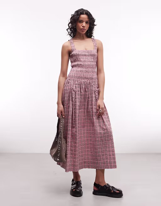 COLLUSION square neck shirred midi dress in pink plaid