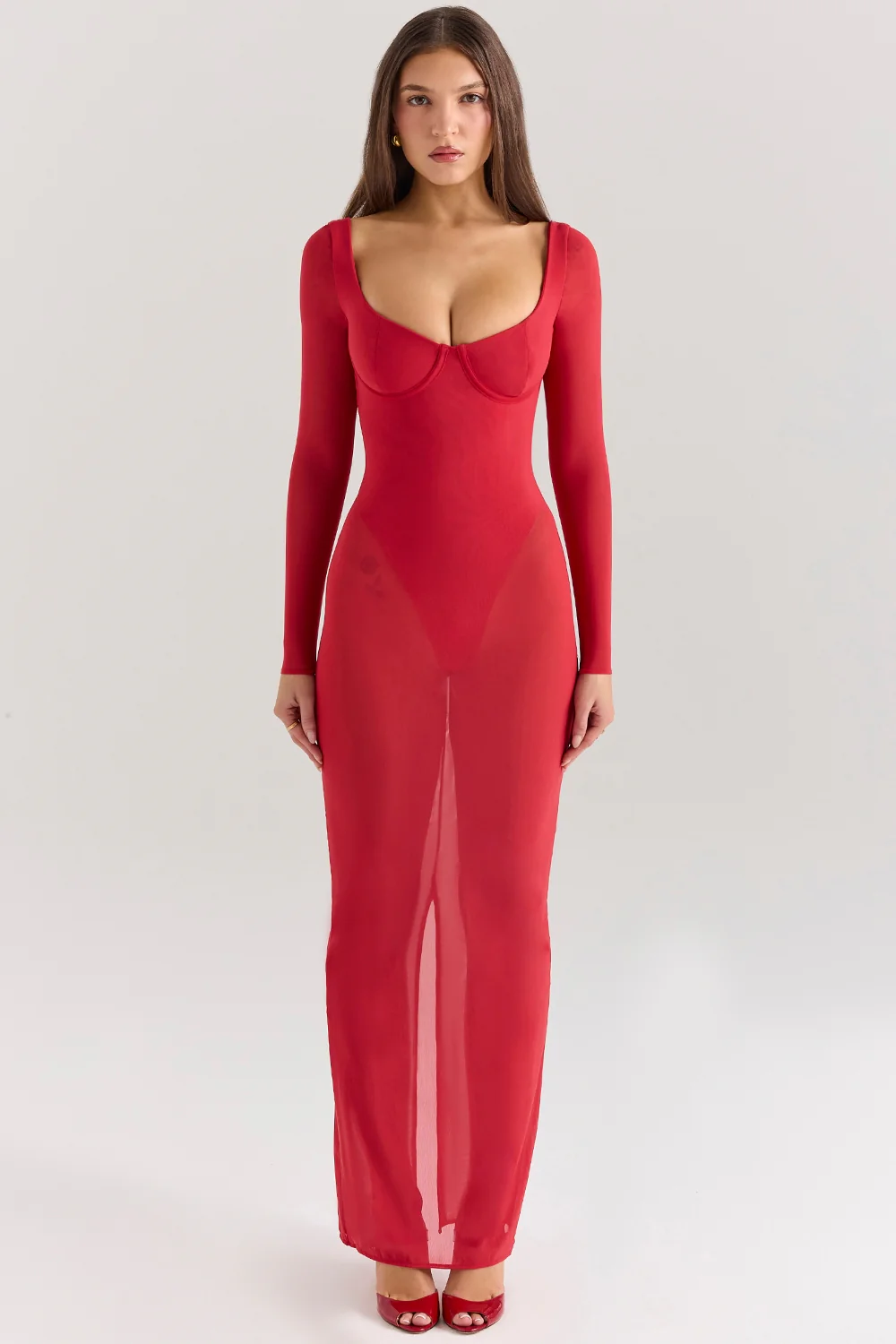 Holly Red Mesh Maxi Dress With Bodysuit