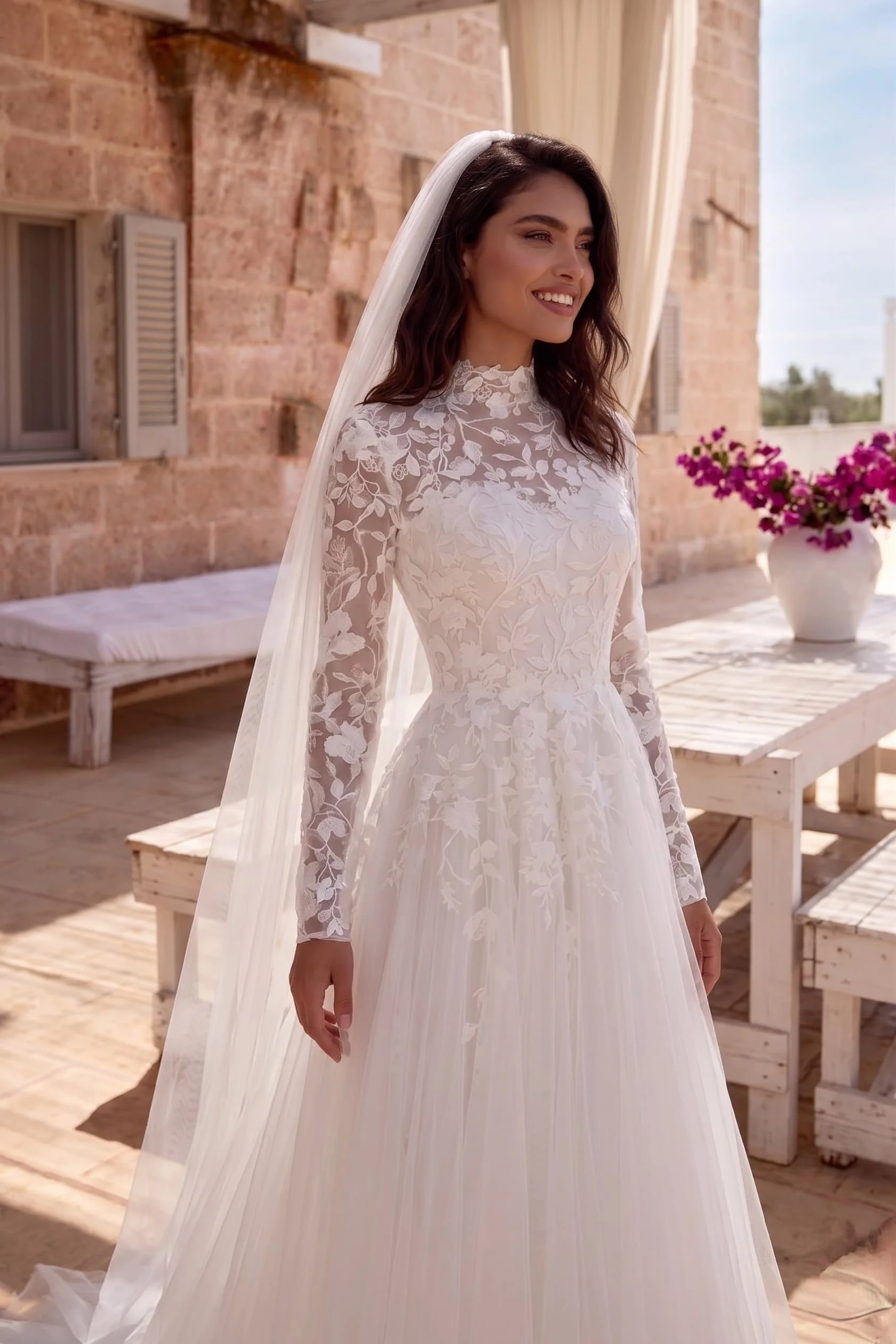 A-Line Court Train Lace Tulle Wedding Dress CW3234