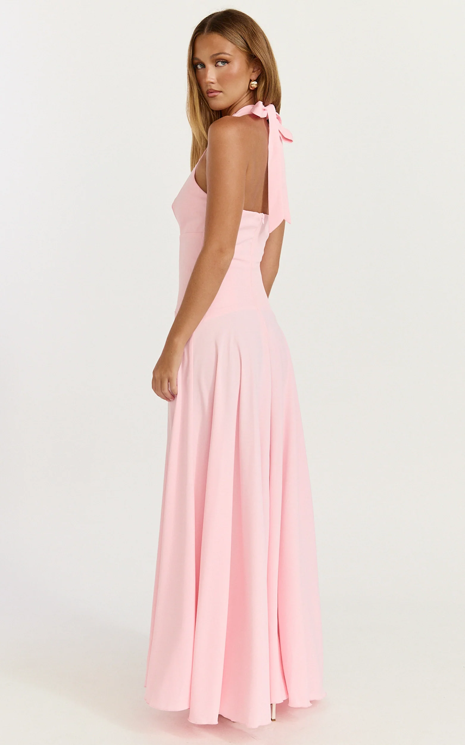 Poppy Maxi Dress - Contrast Skirt Deep Plunge Halter Dress in Soft Pink