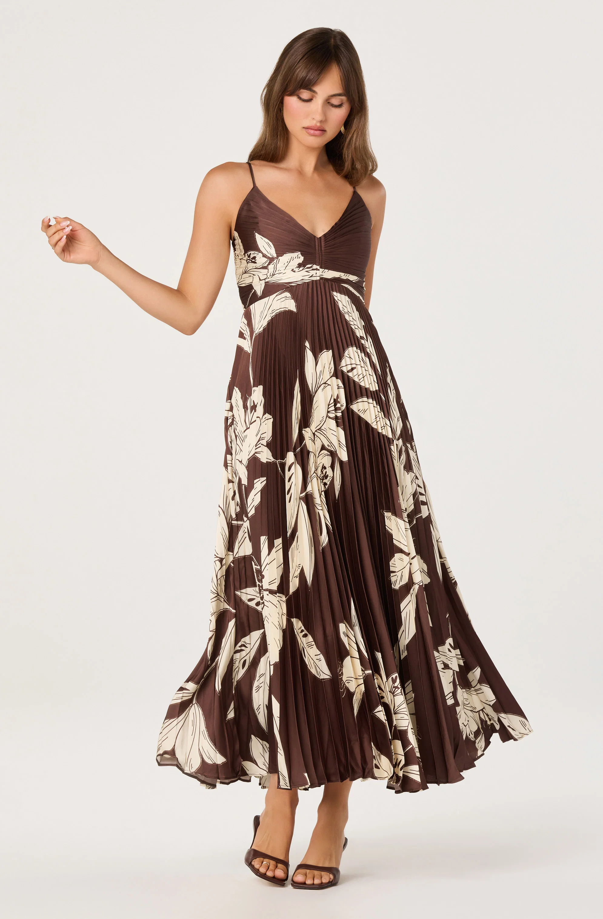 Clea Pleated Satin V-Neck Maxi Dress