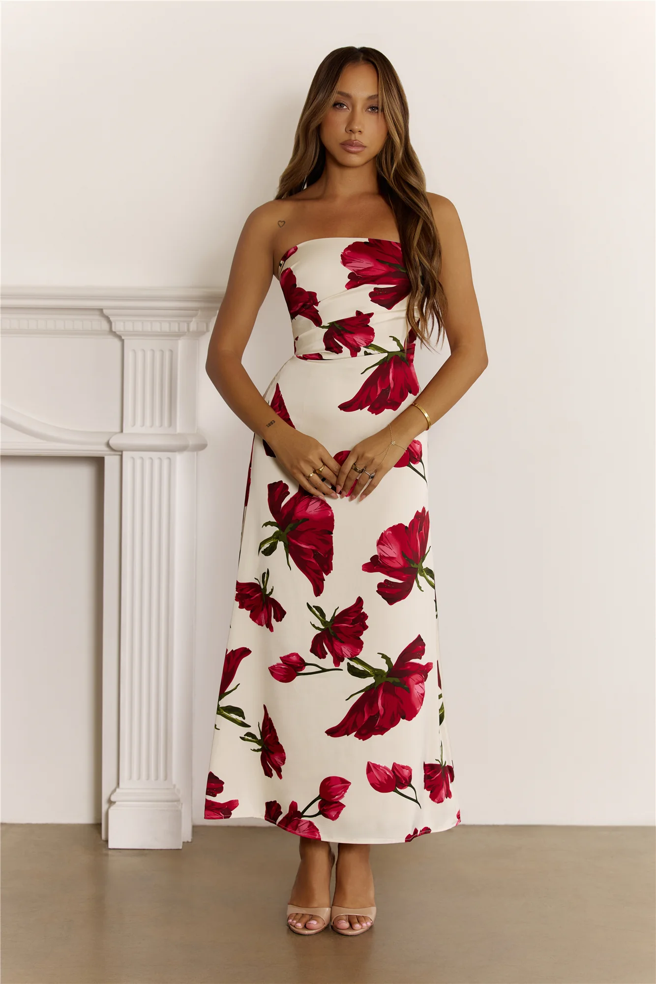 Floral Satin Strapless Folded Maxi Dress Red
