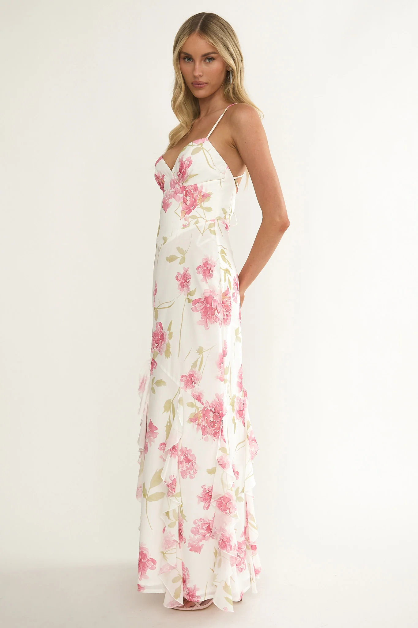 Charlisa Strappy Back Ruffle Maxi Dress Flowers White