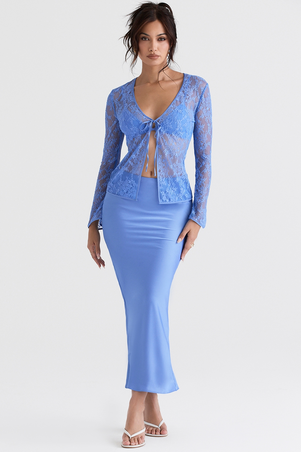 blue satin bias cut midi skirt