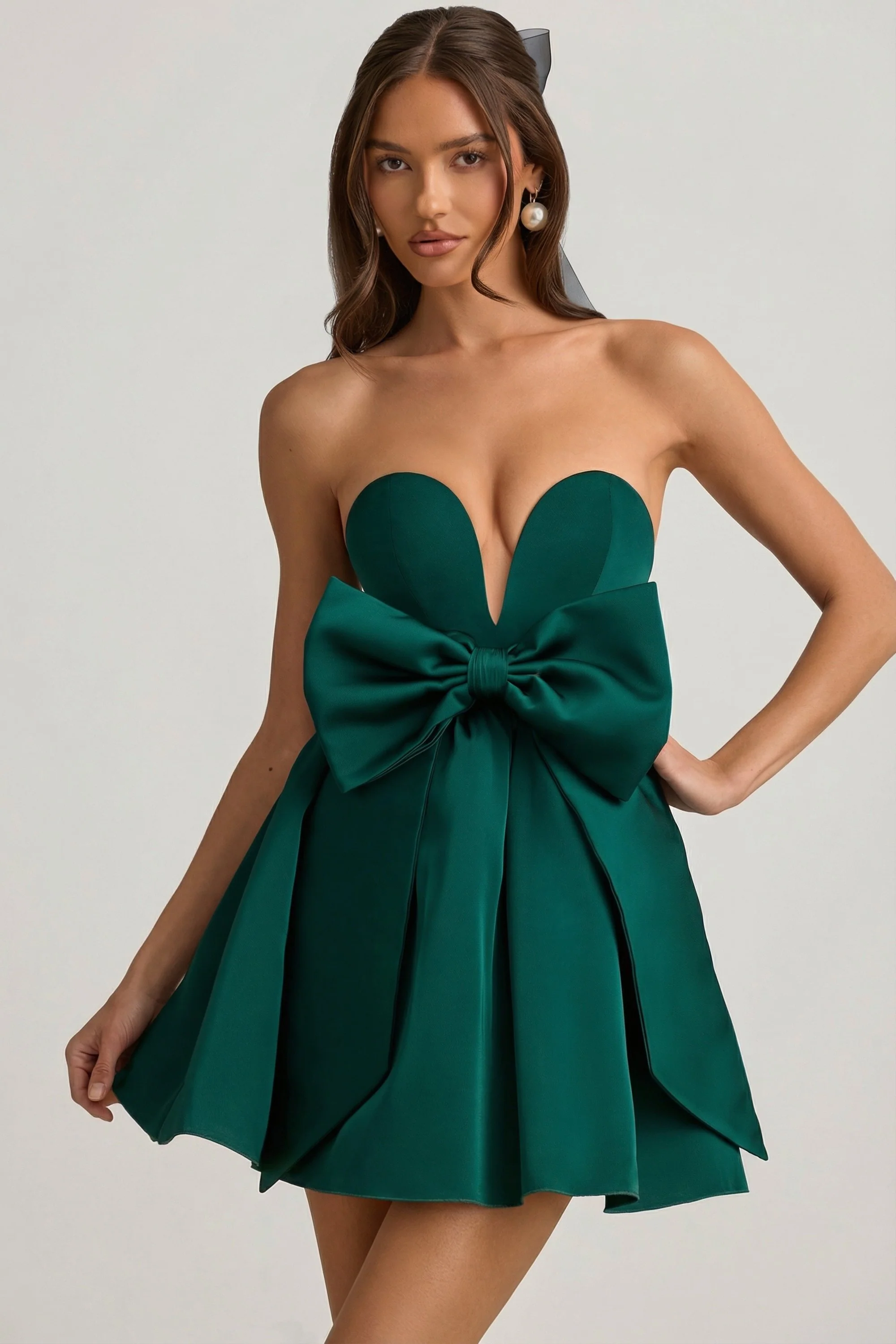 Bow-Detail Corset Mini Dress in Emerald Green
