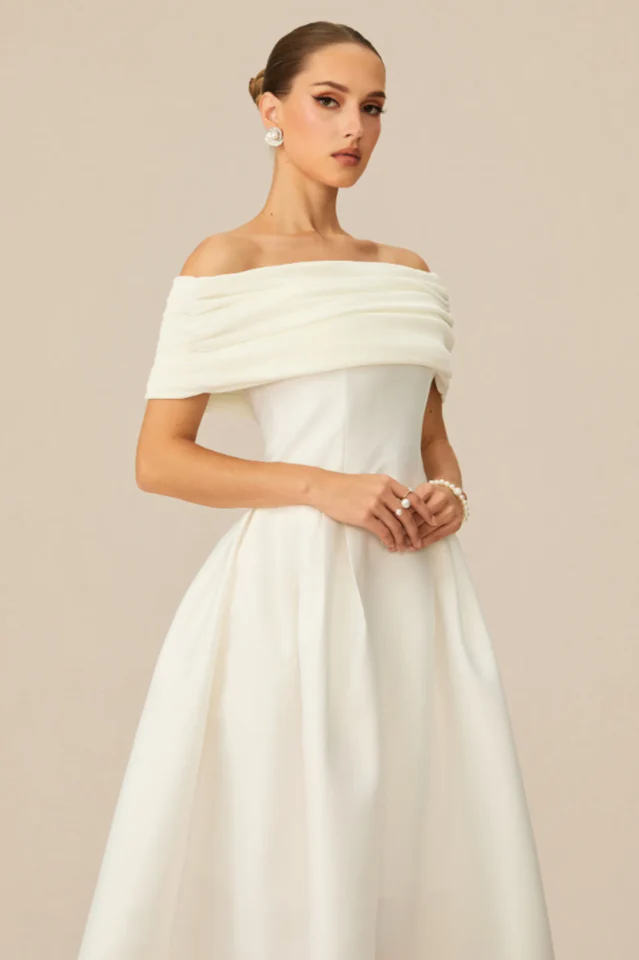 Vivian Off Shoulder Flare Satin Midi Dress