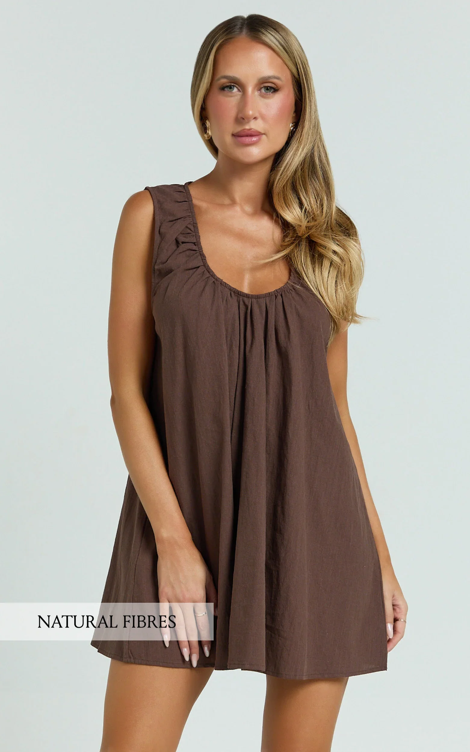 Lucinda Mini Dress - Deep U Gathered Neck Smock Dress in Chocolate