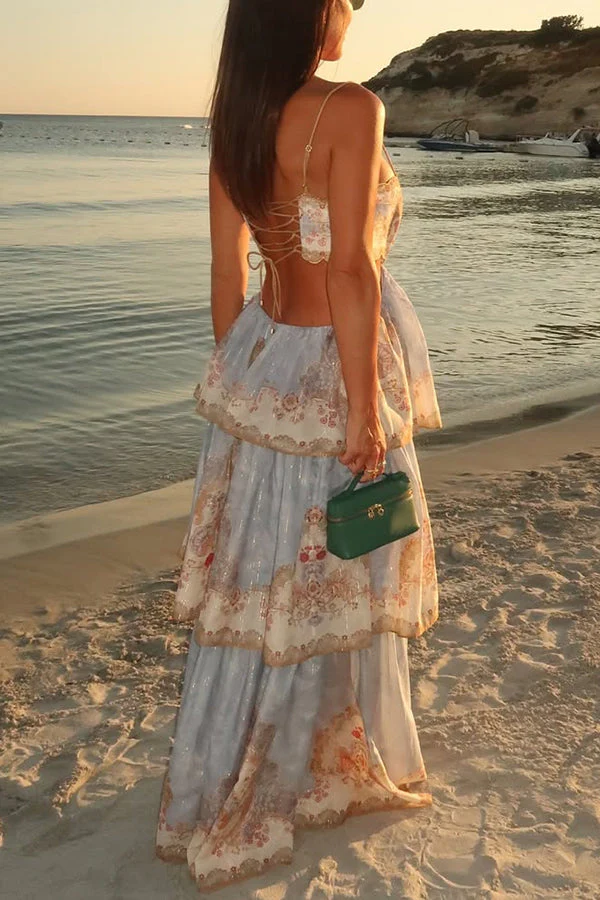 Daylight Unique Print Cutout Waist Back Lace-up Tiered Hem Maxi Dress - luluinthesky