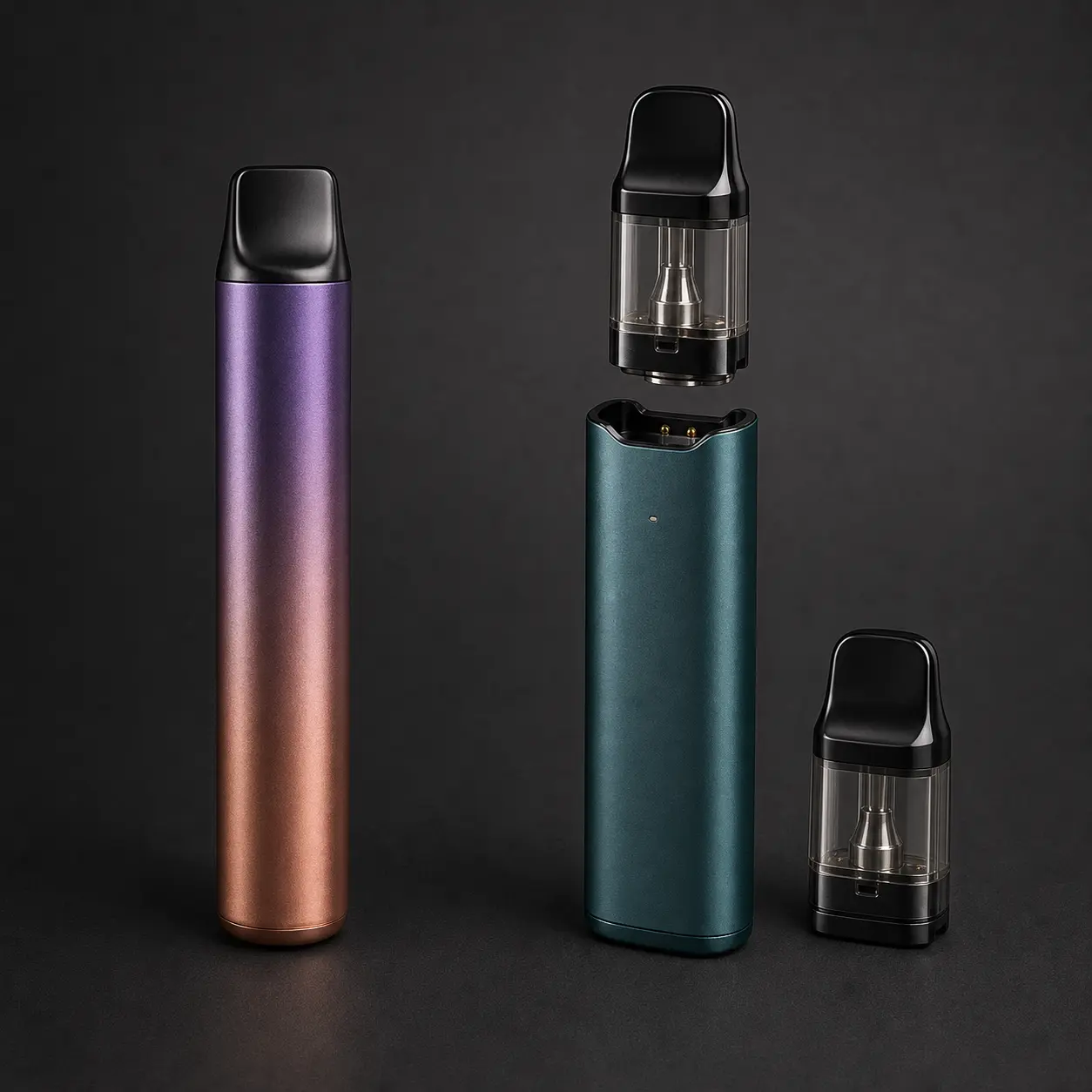Sealed colorful vape beside a device with a removable replacement pod