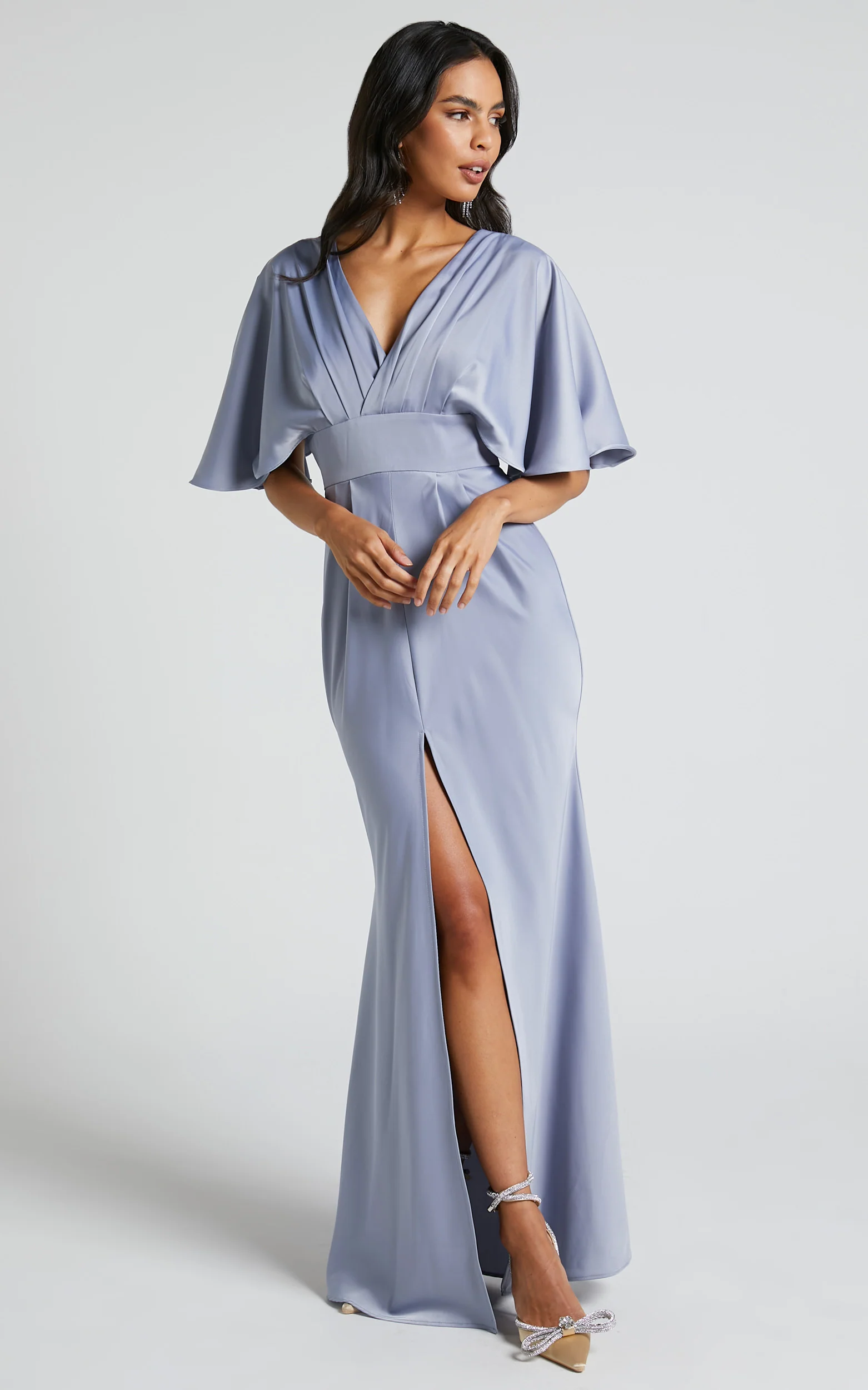 Gemalyn Midi Dress - Angel Sleeve V Neck Split Dress in Sky Blue