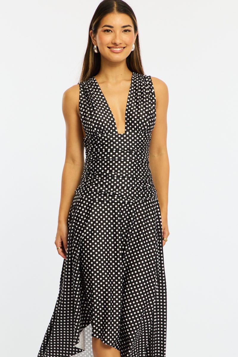 Black Polka Dot Midi Dress Hanky Hem